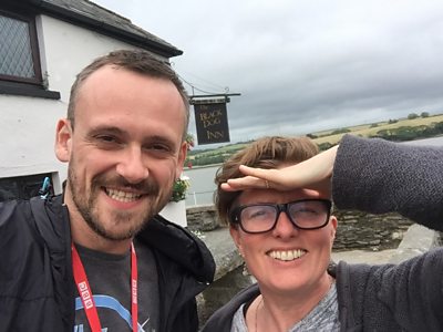 Neil Irvine (Script Producer) and Sally Abbott in front of The Coroner's Black Dog pub