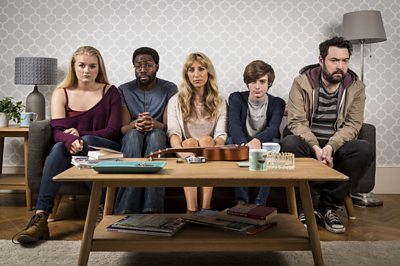   The stars of Uncle  R-L: Andy (NICK HELM), Errol (ELLIOT SPELLER-GILLOTT), Sam (DAISY HAGGARD), Bruce (DANIEL LAWRENCE TAYLOR), Tiffany (JORJA RUTHERFORD) (Image Credit: 91ȱ/Baby Cow Productions/Colin Hutton)