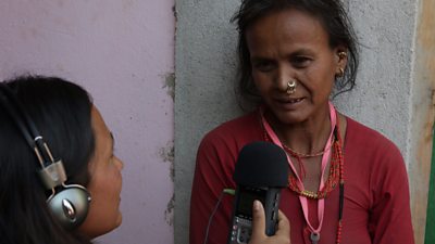 Bhawana Gurung talks to Kanchi Rai, a labourer in Ratmaate village, Nuwakot district, Nepal