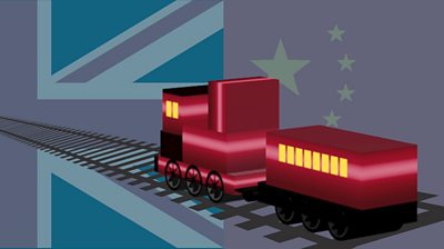 3D graphic of train, with Chinese and UK flags in background