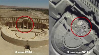 Palmyra's amphitheatre in June 2016 and February 2017
