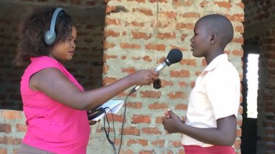 Producer, Tina Losike interviews Stella outside her school in Toposa, South Sudan