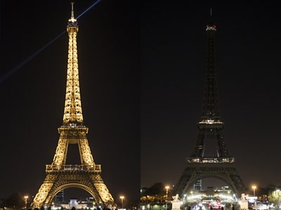 A composite photo shows a view on the Eiffel Tower with its lights turned on (left) and off