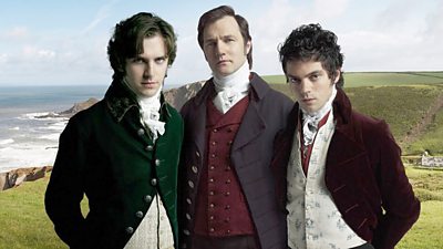 Three brooding regency gentlemen in frock coats stare at the camera. Behind, a rugged coastal landscape.