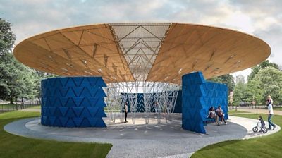 Serpentine pavilion 2017 features an expansive roof, supported by a central steel framework, mimics a tree’s canopy,