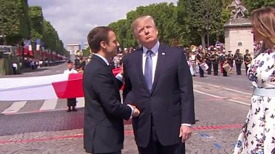 Presidents Macron and Trump shake hands