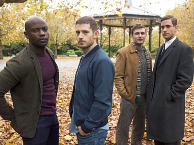 Steve (DAVID GYASI), Adam (JULIAN MORRIS), Thomas (JAMES McARDLE), Michael (OLIVER JACKSON-COHEN) (Photo credit: BBC/Kudos/Nick Briggs)