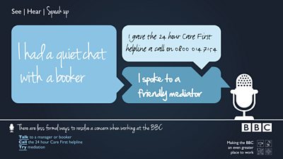 A graphic which shows three options in a flow chart - 'I had a quiet chat with a booker', 'I gave the 24 hour Care First helpline a call on 0800 014 7154' and 'I spoke to a friendly mediator'.