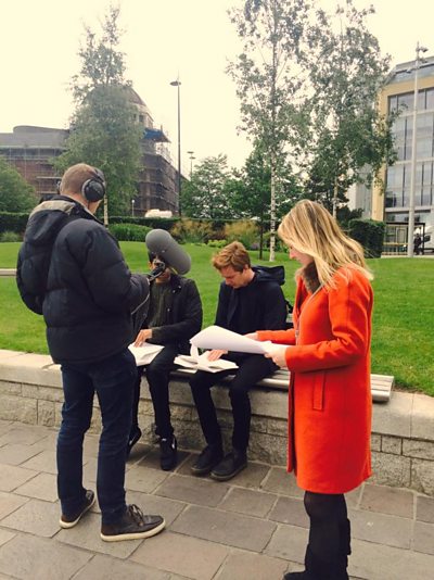 On location: City Park Mirror Pool,  Bradford. Charlotte Riches (Producer/ Director)  Steve Brooke (sound) Luke Newberry and Darren Kuppan (Actors) (Photo Credit: Kamal Kaan)