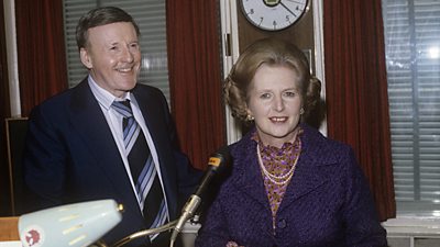 Jimmy Young and Margaret Thatcher in the Radio 2 studio. Young looks more relaxed than Thatcher