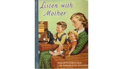 Listen with Mother Book cover showing a painting of two children listening to the wireless with their mother 