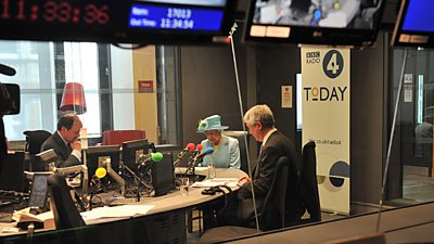 Seen through the studio glass, The Queen, James Naughtie and Tony Hall in the Today Programme studio