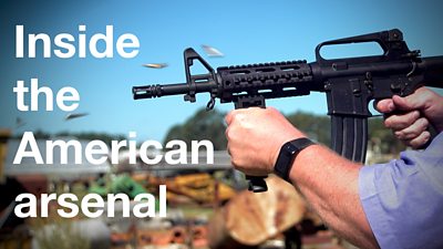 A graphic with a gun and text that reads "Inside the American arsenal"