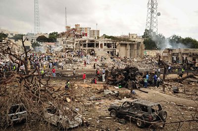 Families are looking for missing loved ones amidst the ruins of one of the largest bombs ever to strike the Somali capital.