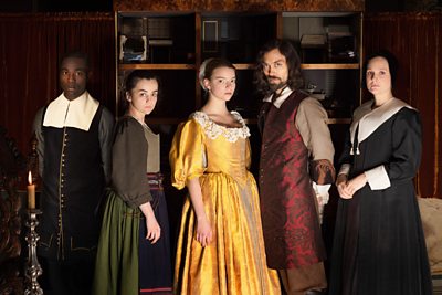The Miniaturist: Otto (PAAPA ESSIEDU), Cornelia (HAYLEY SQUIRES), Nella Brandt (ANYA TAYLOR-JOY), Johannes Brandt (ALEX HASSELL), Marin Brandt (ROMOLA GARAI)(Image Credit: The Forge/BBC/ Laurence Cendrowicz)