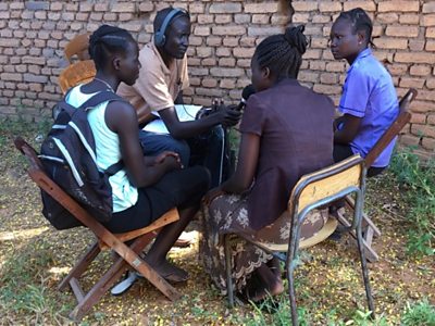 Agol discussing the challenges girls face on ‘Our School’ with other students in Aweil, South Sudan
