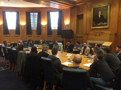 The January 2018 Comedy Room session in the Council Chamber in London's BBC Broadcasting House (with the BBC's first Director General, Lord Reith, gazing down)