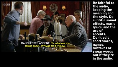 screen grab showing a pub scene from eastenders with subtitles