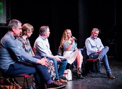 Meet the Comedy Commissioners (l-r Jon Mountague (Sky), Fiona McDermott (C4), James Cary (chair), Saskia Schuster (ITV), Shane Allen (BBC)) (photo credit: Kwame Lestrade)