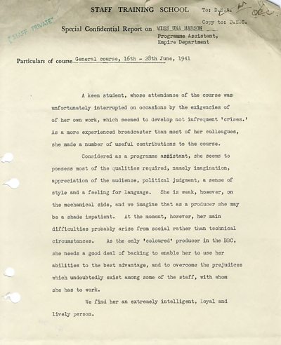 Typewritten letter from the staff training school (transcription above)