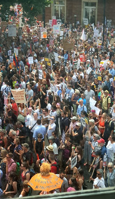 The view of the Trump protest out of the window of the Council Chamber at Broadcasting House, London.