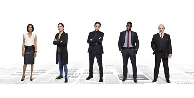 Press Amina Chaudury (PRIYANGA BURFORD), Holly Evans (CHARLOTTE RILEY), Duncan Allen (BEN CHAPLIN), Ed Washburn (PAAPA ESSIEDU), George Emmerson (DAVID SUCHET)(Image Credit: BBC/Lookout Point, Photographer: Dean Chalkley/Colin Hutton)