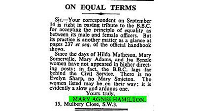 A newspaper cutting which reads 'Sir, Your correspondent on September 14 is right in paying tribute to the 鶹Լ for accepting the principle of equality as between its male and female officers. But its practice is another matter as a glance at pages 237 of the official handbook shows.'