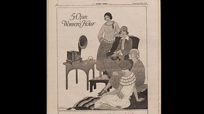 A drawing of women in 1920s dress gathered around a radio.