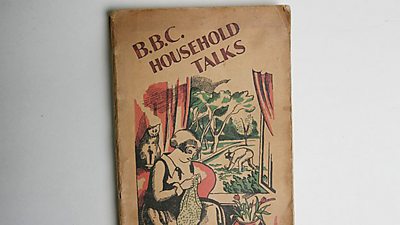 Magazine cover of 'Household Talks' showing a drawing of a woman knitting.