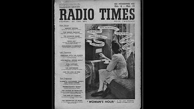 Cover of the Radio Times showing a woman listening to the radio.