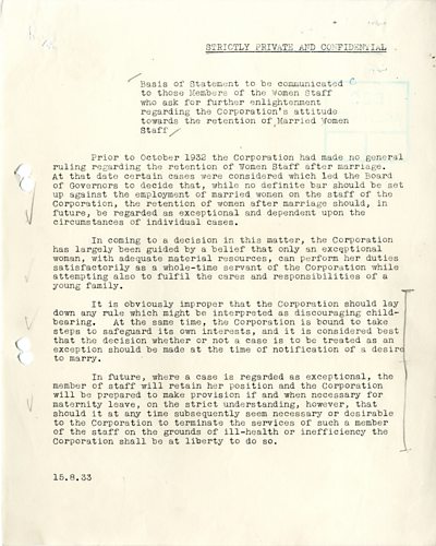 A long typewritten letter. The key phrase is 'Prior to October 1932 the Corporation had made no general ruling regarding the retention of Women Staff after marriage. At that date...the retention of women after marriage should, in future, be regarded as exceptional and dependent upon te circumstances of individual cases.'