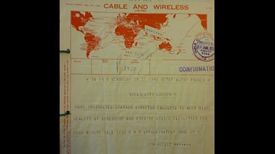 Faint telegram reading 'Cable and Wireless': Broadcasts London - have instructed station director Calcutta to meet Miss Howlett at aerodrome and provide studio facilities for four minute talk 12:50 GMT approximately June 29.'