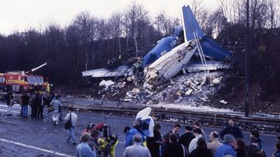 Remains of British Midlands Boeing 737 400 on embankment near East Midlands airport, near Kegworth, January 9th 1989