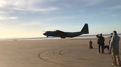 Giant Hercules transport plane lands at Devon beach