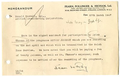 Typewritten memo for Return Journey