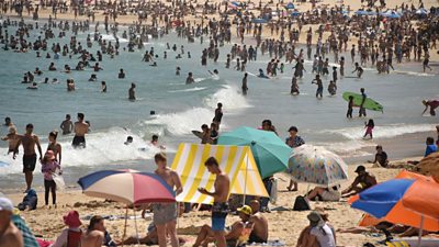 Hundreds of people on Bondi Beach in the middle of the January 2019 heatwave in Australia
