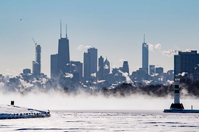 Chicago skyline in icy temperatures