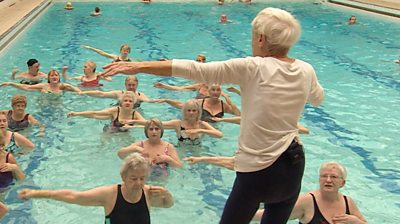 90-year-old Margaret Main takes water aerobics classes for over 50s.