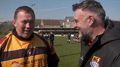 Actor Julian Lewis Jones follows his local team Nantgaredig as they face Abergavenny in the semi- final of the WRU National Bowl competition.