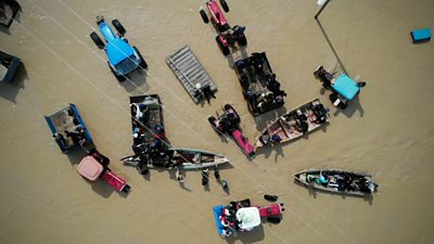 Aerial photo of people affected by floods in Iran