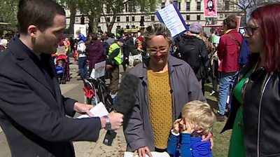 Reporter with parent, pupil and teacher