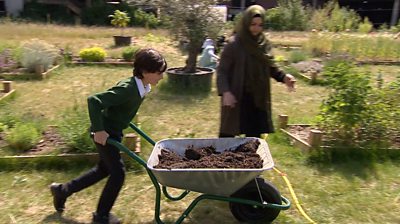 A school boy pushes a wheelbarrow full of soil.