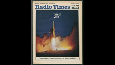 Radio Times cover showing the Apollo 11 rocket blasting off from Cape Kennedy. The caption says 'follow this week's historic adventure on BBC TV and Radio'