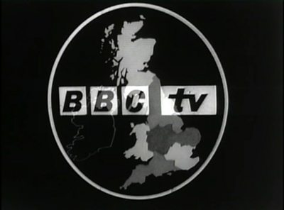 A map of the UK surrounded by a circle. Seven regions are shaded in different grey tones. BBC TV is superimposed over the top