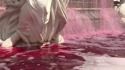 Fountain turns red with fake blood in Nantes, France