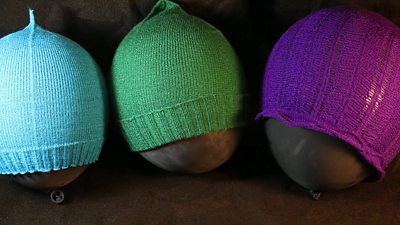 Knitted hats - cyan (L), green (C) and purple (R)