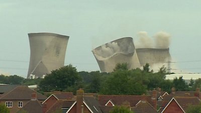 Three remaining cooling towers of Didcot power station near Oxford have been demolished.Thousands of households lost electricity shortly after the explosion.