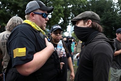 Proud Boy and counter-protester face off in Portland