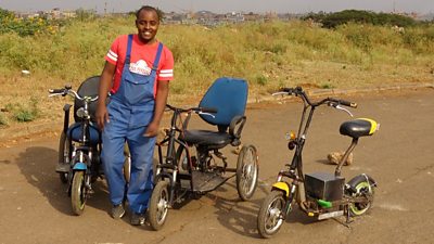 Lincoln Wamae and his e-wheelchair prototypes