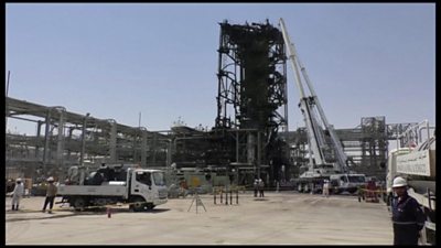 The smouldering Khurais oil facility in Saudi Arabia